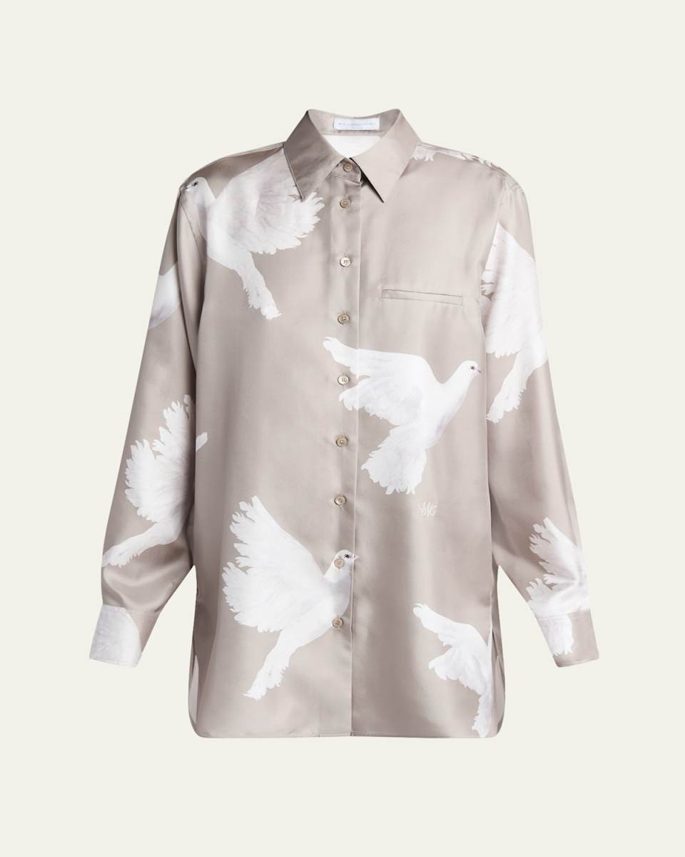 Dove Print Button Down Silk Blouse